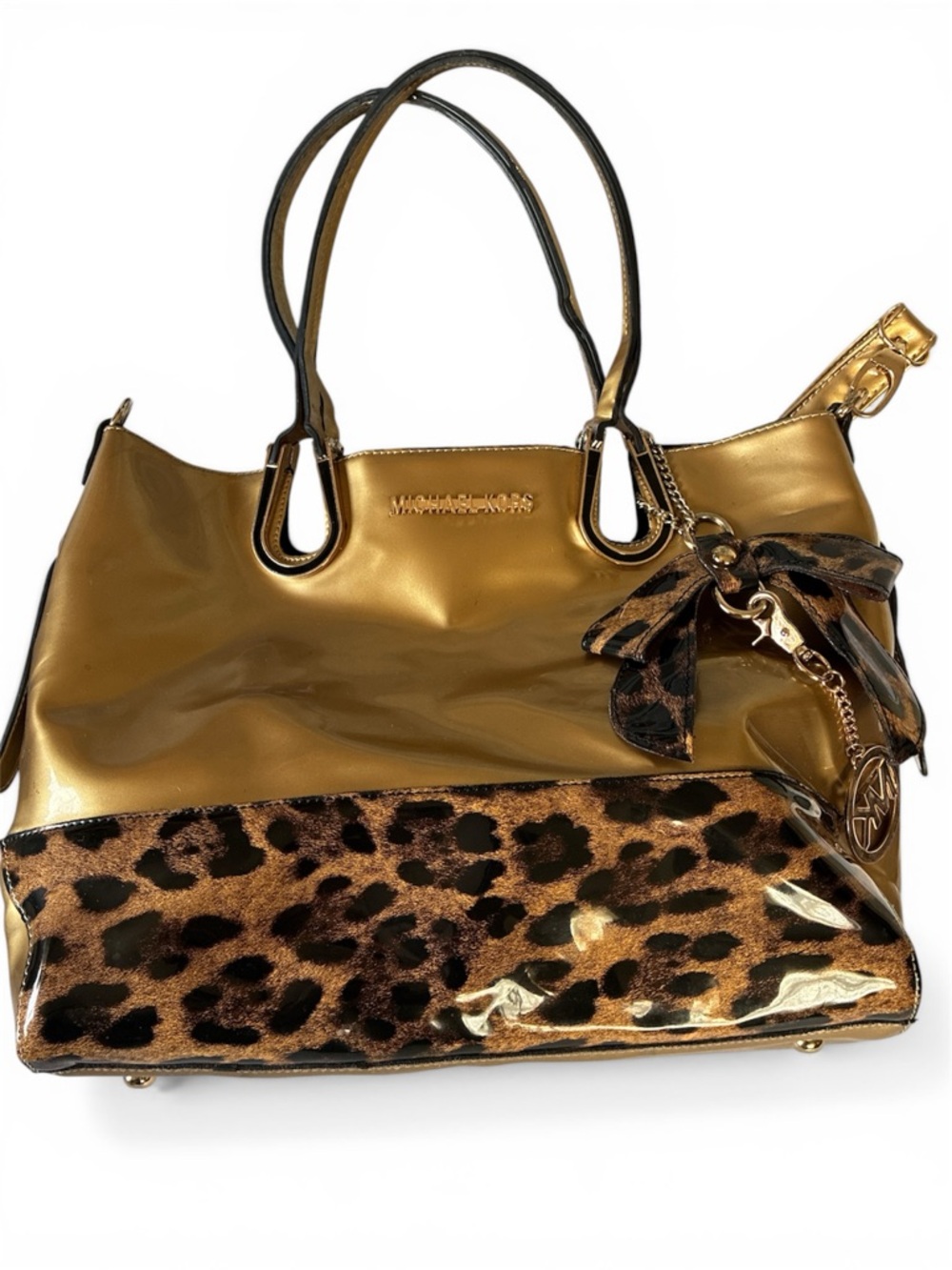 MK ‘Michael Kors’-Leopard Print Satchel Shoulder Bag Gold Chain Handles 13x11x4”